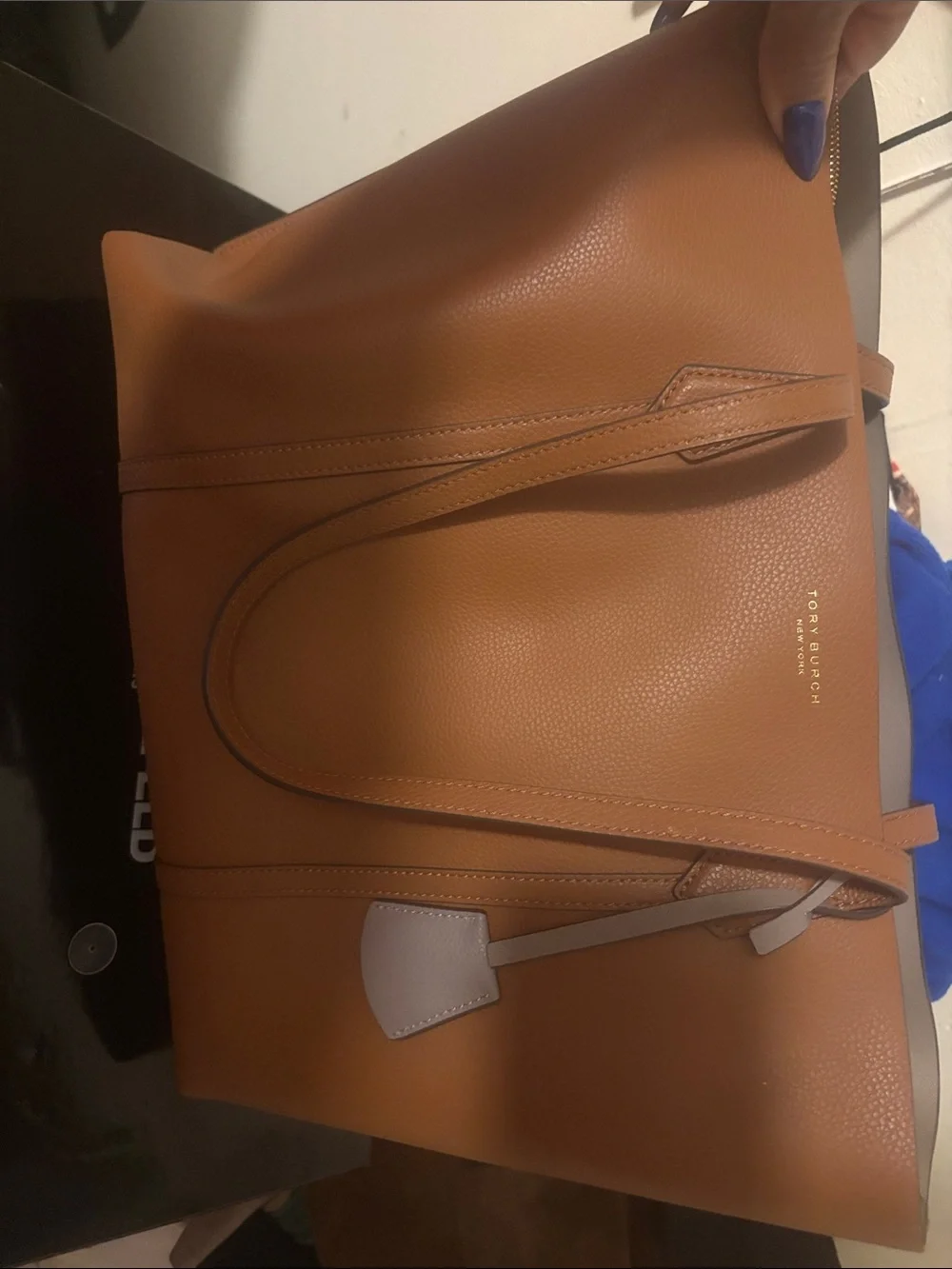 Tory Burch Cognac Pebbled Leather Tote with Accent Tag